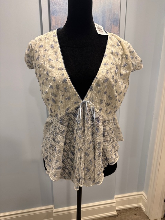 Love Sick Tops - Cream and Light Blue Floral Tie-Front Peplum Blouse